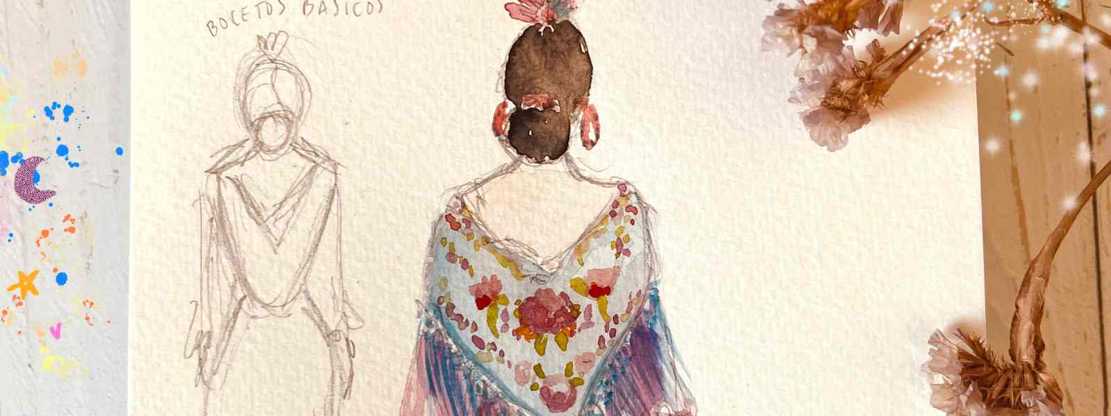 Dibujar traje de flamenca en acuarela