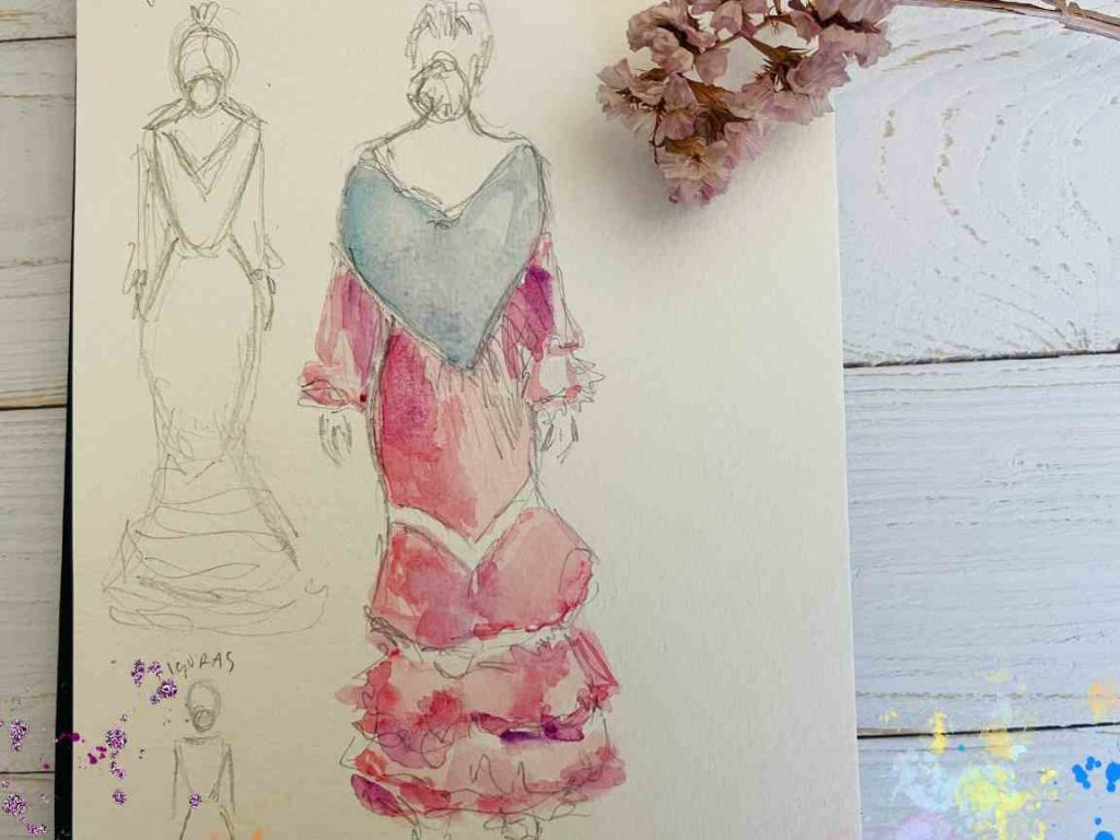 Dibujar traje de flamenca en acuarela